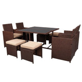 ZNTS 9 Pieces Wood Grain PE Wicker Rattan Dining Ottoman with Tempered Glass Table Patio Furniture Set 19520971