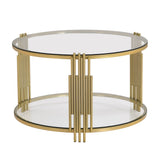 Modern Glass Coffee Table in 31.5", Asymmetrical Metal, Circular Metal Drum Base, Gold Finish & N735P177478K