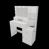 The white vanity with a mirror is equipped with a hair dryer rack, while the vanity in the bedroom W1320P186705