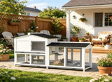 62" White Rabbit Hutch, Wooden Bunny Hutch, Guinea Pig Cage, Small Animal Enclosure with Run Area, 16415811