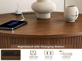 Mid Century Modern Cylinder End Table with Built-in Charging Station & Sliding Door, 2-Tier Storage 06416937