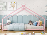 Pink Flat Bed House Shape with Side Guardrails Twin Children's Iron Bed 57389908