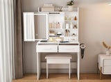 Small Makeup Vanity Desk with Mirror & Adjustable LED Lights,Built-in Power Outlet & Hidden Storage, 64240969