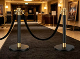6-Piece Stainless Steel Stanchion Set with 4 Black Velvet Ropes, Crowd Control Barrier for Theater, 19533536
