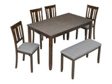 6 Piece Kitchen Set, Rectangular Wooden Table with 4 Upholstered Chairs and a Bench, 74652059
