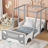 ZNTS Twin Size Car-shaped Bed with Roof,Wooden Twin Floor Bed with wheels and door Design,Montessori W504140564