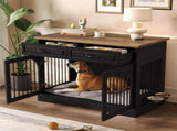 43.3" Farmhouse Dog Crate Furniture, Wooden Dog Kennel with 2 Storage Drawers and Rotating Food N704P414580D