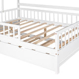 Wooden Full Size House Bed with Twin Size Trundle,Kids Bed with Shelf, White WF301683AAK