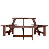 ZNTS Outdoor 6 Person Picnic Table, 6 person Round Picnic Table with 3 Built-in Benches, Umbrella Hole, 21425761