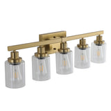 Golden 5-Light Vanity Light with Clear Glass Shades, Modern Iron Metal Bathroom Wall Fixture for W1340P206690