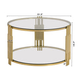 Modern Glass Coffee Table in 31.5", Asymmetrical Metal, Circular Metal Drum Base, Gold Finish & N735P177478K