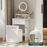 White Makeup Vanity Desk with Round Mirror and Lights, 2 in 1 Nightstand, Dressing Table with a W1706P236679