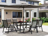 Outdoor dining table and chair package with umbrella 48578077