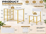 Bar Table and Stool Set 1 Table 2 Stools, White Marble Pattern MDF Tabletop & Gold Metal Frame, 19492848