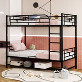 Twin Over Twin Metal Bunk Bed with Shelf and Guardrails, Black MF305475AAB