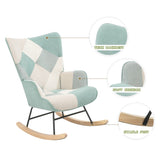 Rocking Chair with ottoman, Mid Century Fabric Rocker Chair with Wood Legs and Patchwork Linen for W561P175990