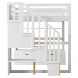 Full Size Loft Bed with Desk and Shelves, Two Built-in Drawers, Storage Staircase, White and Natural 04858801