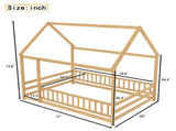 Full Size Floor Wooden Bed with House Roof Frame, Fence Guardrails,Natural W1858P389982