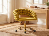 Velvet Bubble Back Desk Chair, Adjustable Height 360&deg Swivel Vanity Chair with Wheels, Gold Metal W3875P457940