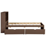 Modern Twin Size Bed Frame With Built-in USB Port on Bookcase Headboard and 2 Drawers for Walnut W697P152020