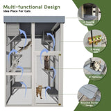 70.5 Tall Wooden Catio Outdoor Cat Enclosure, Gray Cat House Large Solid Wood Cage Playpen with 6 W773P307596