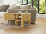 Round Fluted Side Table with Storage for Living Room, Rubber Solid Wood, Soft-close Door, Natural, N735P369881N