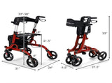 2-in-1 Red Rollator Walker & Wheelchair - 330 lbs Capacity, 8" PVC Wheels X-Shaped Structure 93513212