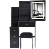 Small Size Left Bedside Cabinet Vanity Table Cushioned Stool, Touch Control Sliding LED Mirror, W936P202365