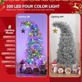 6 FT Bent Top Pre-lit Christmas Tree with Golden Star, Hinged Artificial Xmas Tree with 300 Lights, 58383974