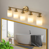 5-Light Golden Bathroom Vanity Light Fixture, Frosted Glass Shades, Modern Wall Mounted Lighting W1340P206702
