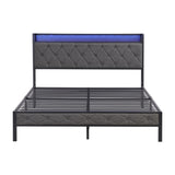 Queen Bed Frame Storage Headboard, Charging Station and LED Lights, Upholstered Platform Bed 09464391