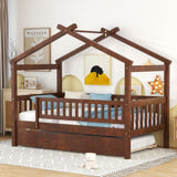 Twin Size Wooden House Bed with Twin Size Trundle, Walnut WF302178AAL