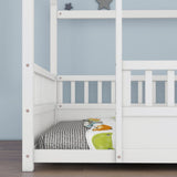Full Size Floor Wooden Bed with House Roof Frame, Fence Guardrails,White W1858123986
