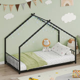 Twin size children's bed frame with LED light strips, roof-shaped iron frame bed, black,78.5" L x W1820P308329