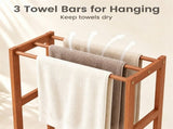 Natural Hardwood Towel Rack, Freestanding Blanket Stand with 3 Hanging Bars & Bottom Storage Shelf, 78960066