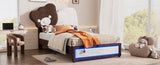 ZNTS Twin Size Upholstered Platform Bed with Bear Shaped Headboard, LED Light Strips, White + Brown WF323767AAK