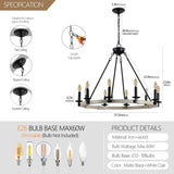 Rustic Farmhouse 10-Light Candle Chandelier, Black Metal and Wood Round Hanging Light Fixture for W1340P221222