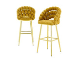 Mustard Yellow Bubble Bar Stools Set of 2, Velvet Upholstered Counter Height Bar Chairs with Gold W3875P462109