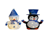 Set of 2 Lighted Plush Penguin and Snowman Christmas Decorations, Pre-lit Pull Up Holiday Decor with 71294454