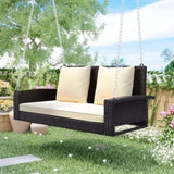 GO 2-Person Wicker Hanging Porch Swing with Chains, Cushion, Pillow, Rattan Swing Bench for Garden, WF285005AAD