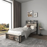 Twin Bed Frames , Headboard and Charging Station & LED Light for Bedroom, Solid and Stable, Noise W2129P314786