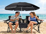 XL Double Folding Fishing Chair with Umbrella, Cooler Bag, Cup Holders - Heavy Duty 480 lbs 91120849