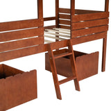 ZNTS Twin Size Low Loft Wood House Bed with Two Drawers, Walnut WF296664AAD