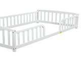 Twin Size Floor Fence Bed with Central Entrance,Pine Wood Floor bed with Guardrails,White W504P425956