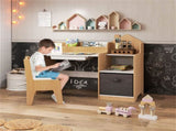 Kids Table and Chair Set with Storage Drawers House-Shaped Study Desk for Playroom Bedroom- Natural 44754457