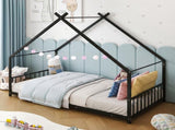 Black House Shaped Twin Size Kids Metal Bed with Side Rails, Platform Bed No Box Spring Needed, Safe 35174809
