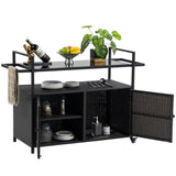 ZNTS Outdoor Wicker Bar Cart, Patio Wine Serving Cart w/Wheels, Rolling Rattan Beverage Bar Counter Table W640140573