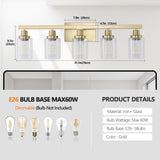 Golden 5-Light Vanity Light with Clear Glass Shades, Modern Iron Metal Bathroom Wall Fixture for W1340P206690