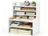 White 6-Tier Desktop Storage Organizer, Adjustable Removable Shelves Wooden Desk Rack with Anti-Fall 75807075