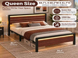 Queen Size Metal Wood Platform Bed Frame, 3-Panel Reddish Brown Wood Grain Headboard with LED Light 45520408